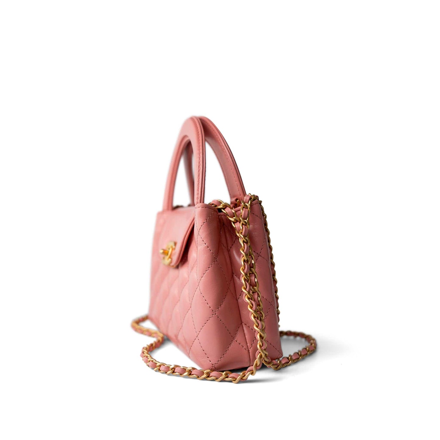 Shiny Aged Calfskin Quilted Nano Kelly Shopper Coral Pink