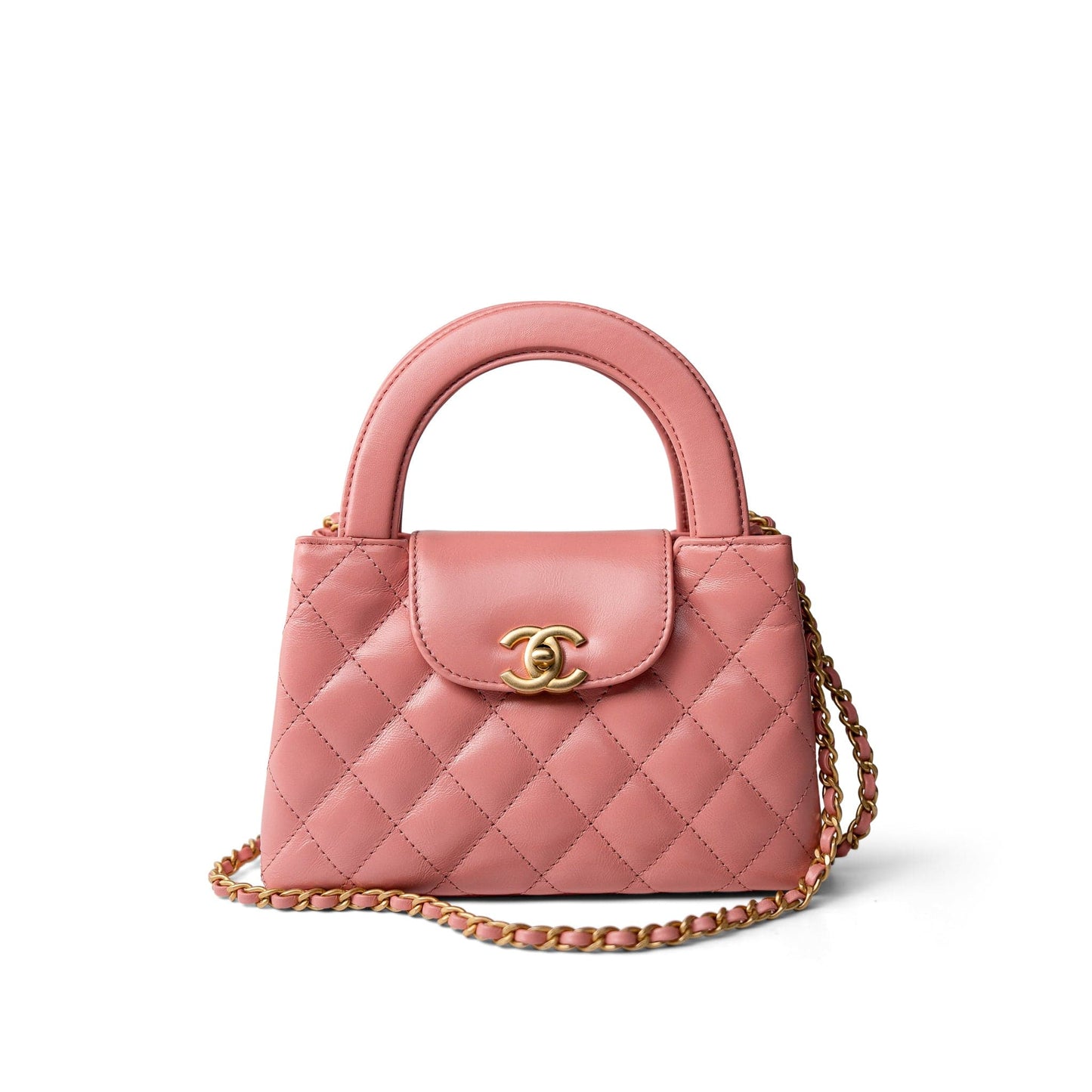 Shiny Aged Calfskin Quilted Nano Kelly Shopper Coral Pink