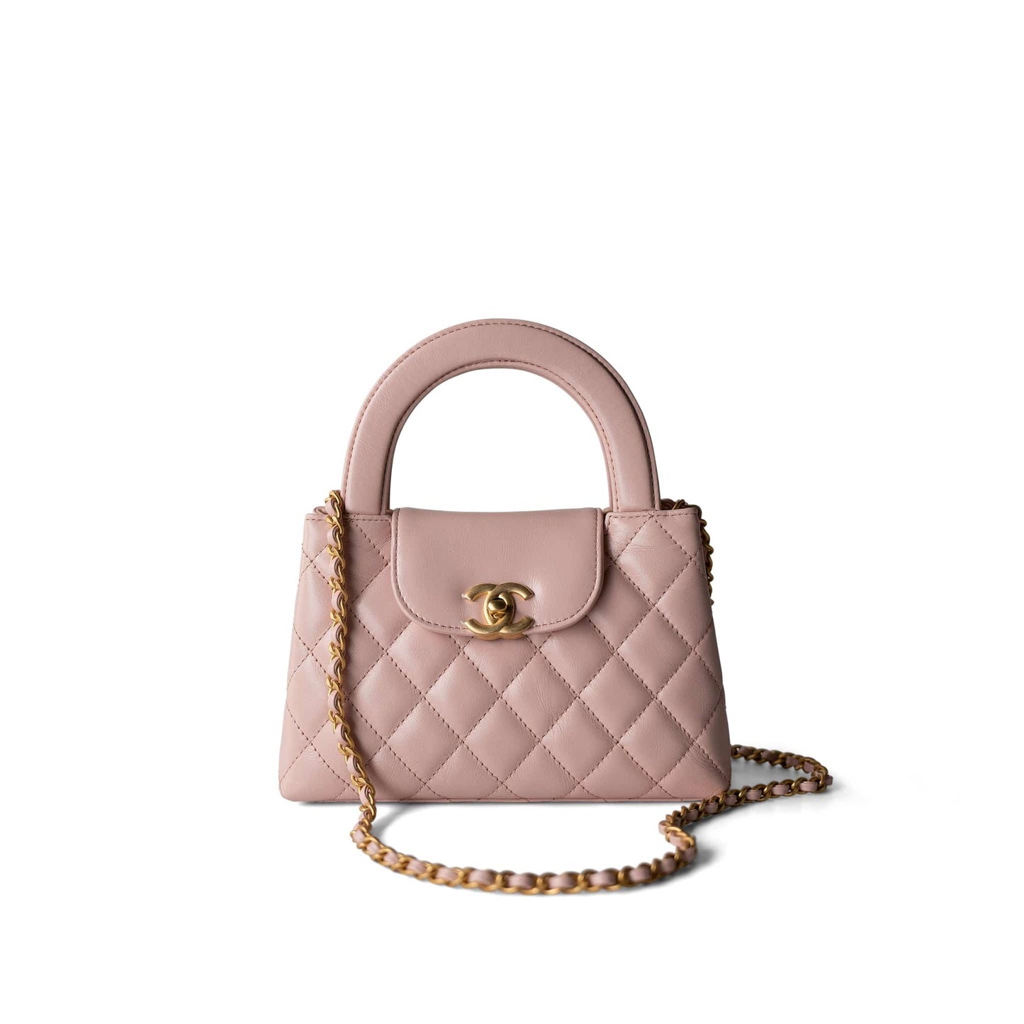 Shiny Aged Calfskin Quilted Nano Kelly Shopper Light Pink