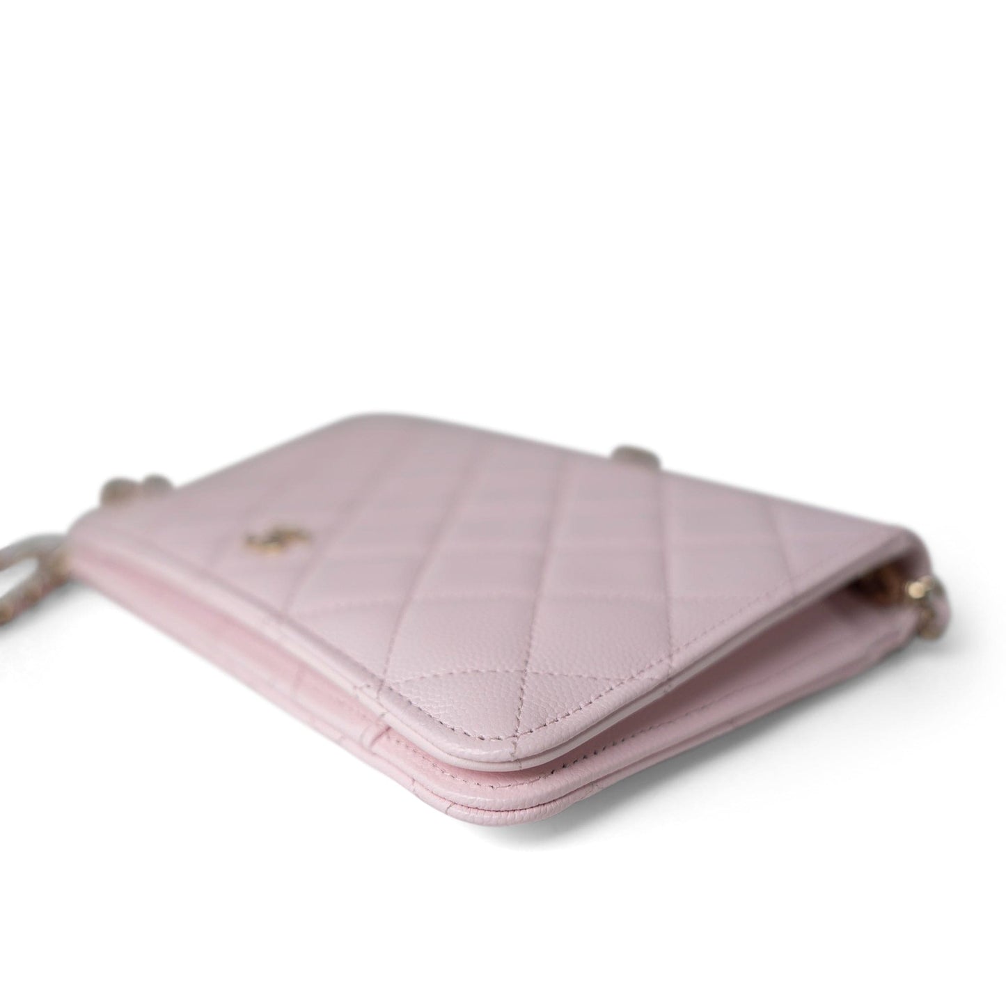 Travel Wallet on Chain Light Pink Caviar Quilted Light Gold Hardware