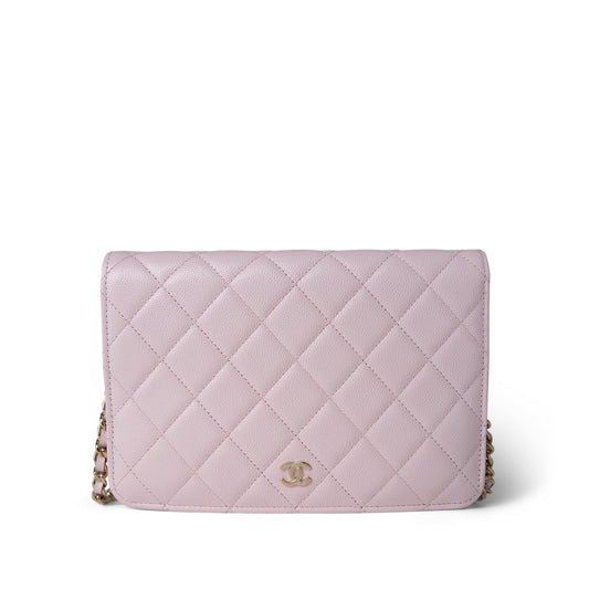 Travel Wallet on Chain Light Pink Caviar Quilted Light Gold Hardware