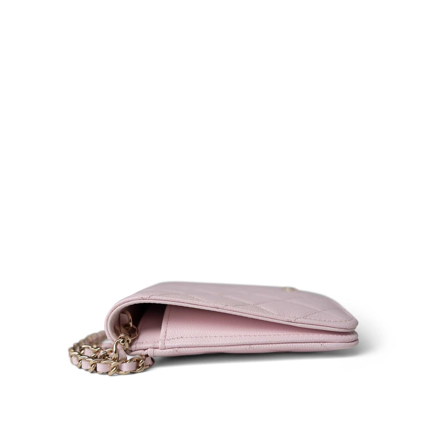 Travel Wallet on Chain Light Pink Caviar Quilted Light Gold Hardware