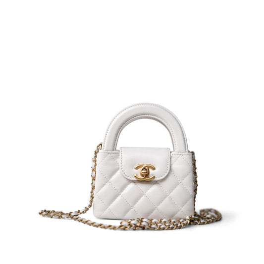 White Aged Calfskin Nano Kelly Mini Shopper