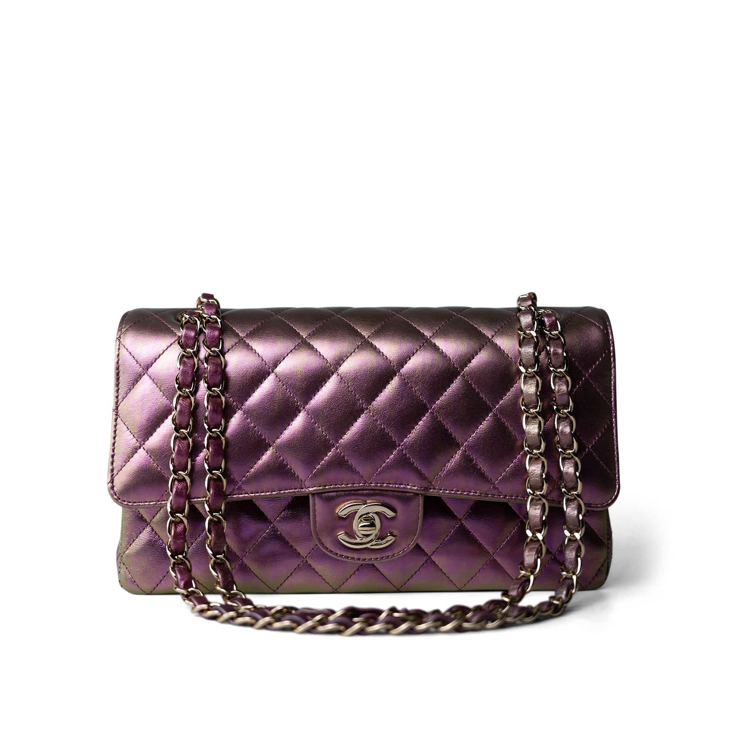 20B Iridescent Purple Calfskin Quilted Classic Flap Light Gold Hardware