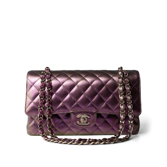 20B Iridescent Purple Calfskin Quilted Classic Flap Light Gold Hardware