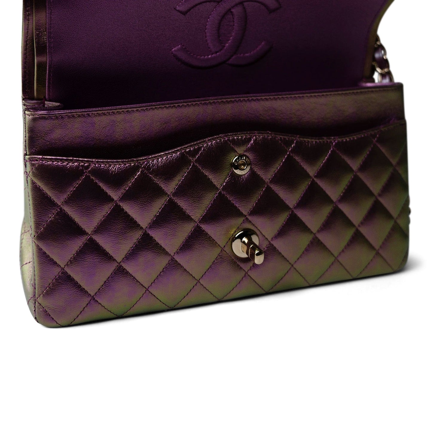 20B Iridescent Purple Calfskin Quilted Classic Flap Light Gold Hardware