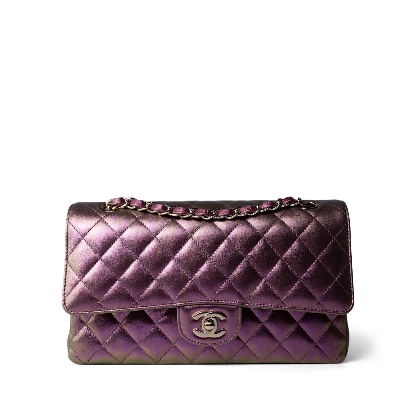 20B Iridescent Purple Calfskin Quilted Classic Flap Light Gold Hardware