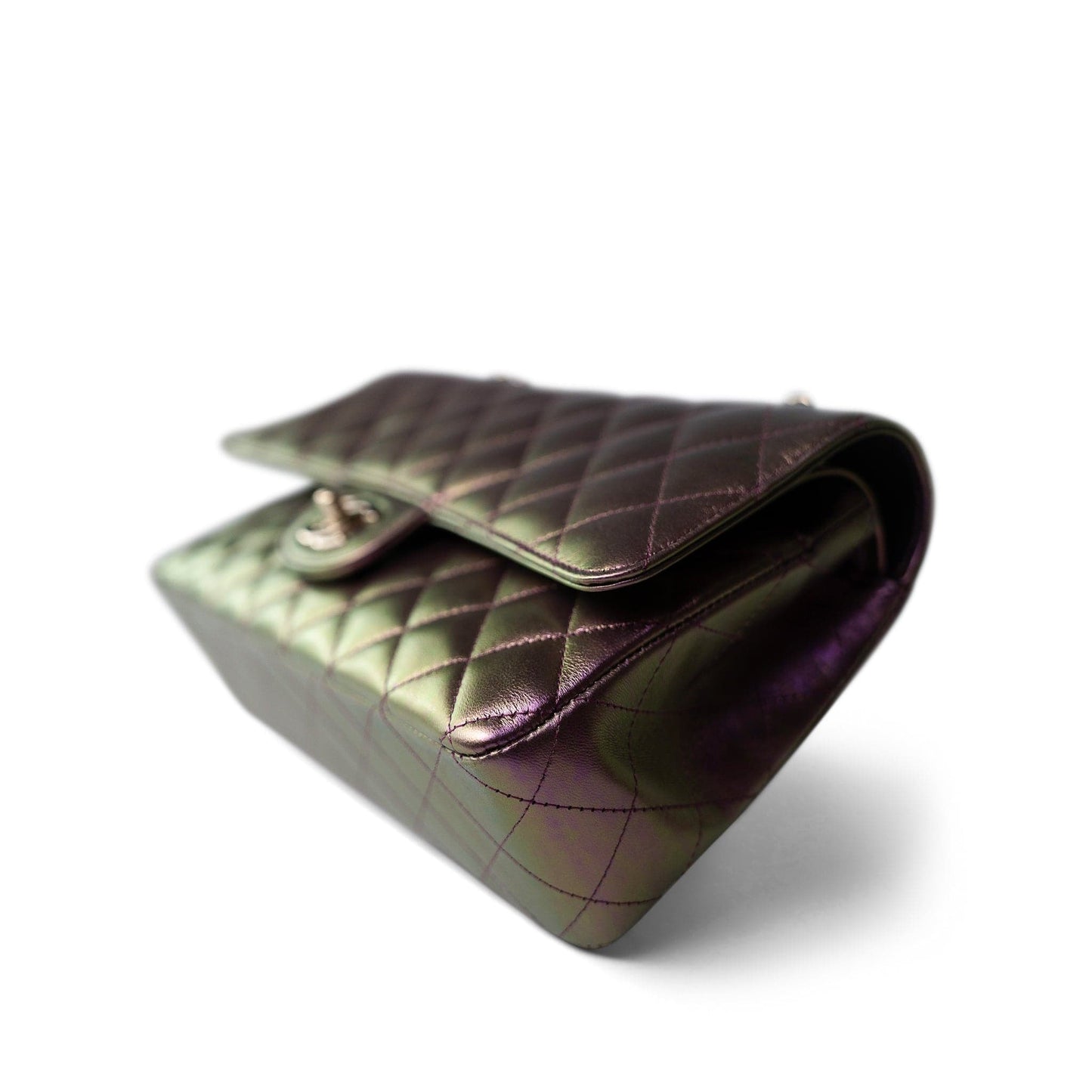 20B Iridescent Purple Calfskin Quilted Classic Flap Light Gold Hardware