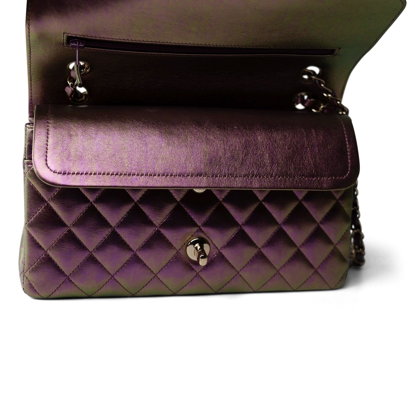 20B Iridescent Purple Calfskin Quilted Classic Flap Light Gold Hardware