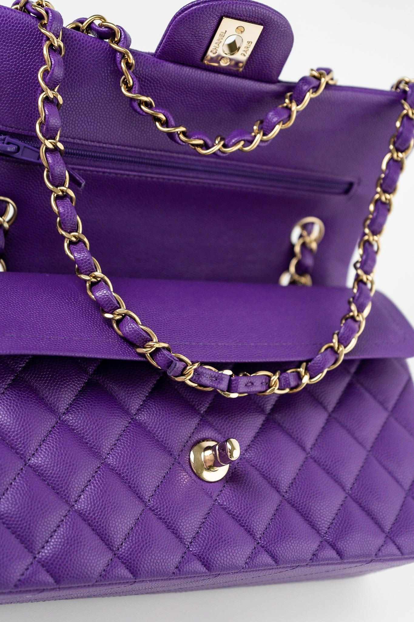 22A Purple Caviar Quilted Small Classic Flap Light Gold Hardware