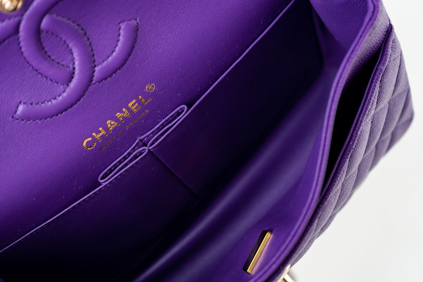 22A Purple Caviar Quilted Small Classic Flap Light Gold Hardware