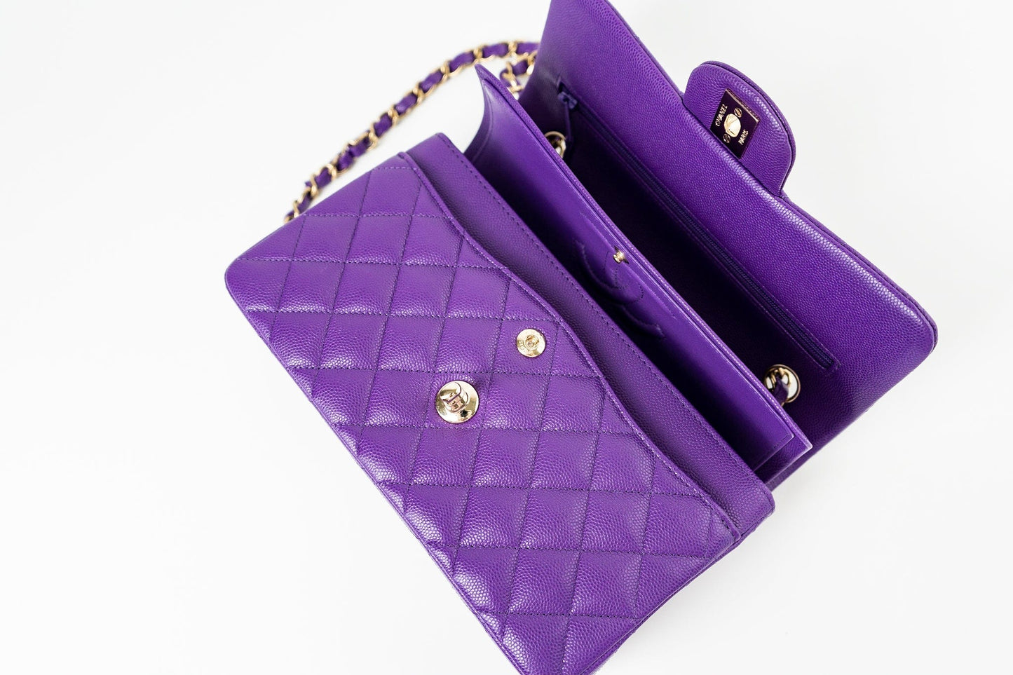 22A Purple Caviar Quilted Small Classic Flap Light Gold Hardware
