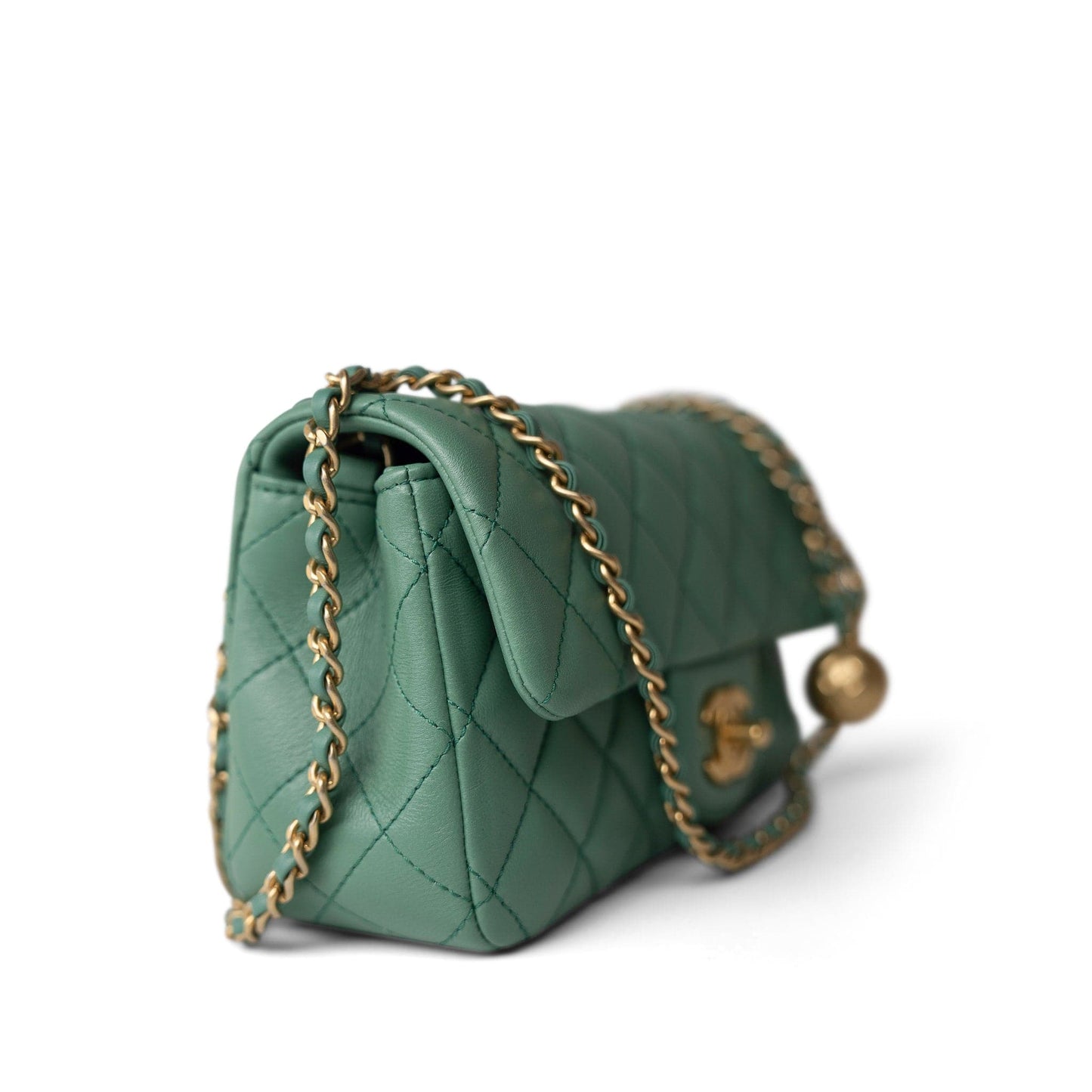 23C Green Lambskin Quilted Mini Pearl Crush Antique Gold Hardware