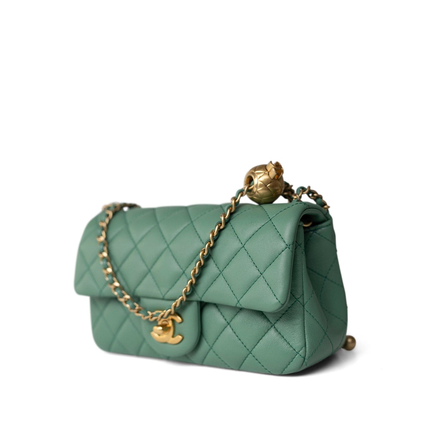 23C Green Lambskin Quilted Mini Pearl Crush Antique Gold Hardware