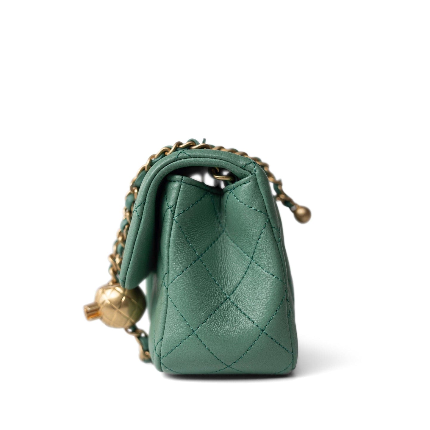 23C Green Lambskin Quilted Mini Pearl Crush Antique Gold Hardware