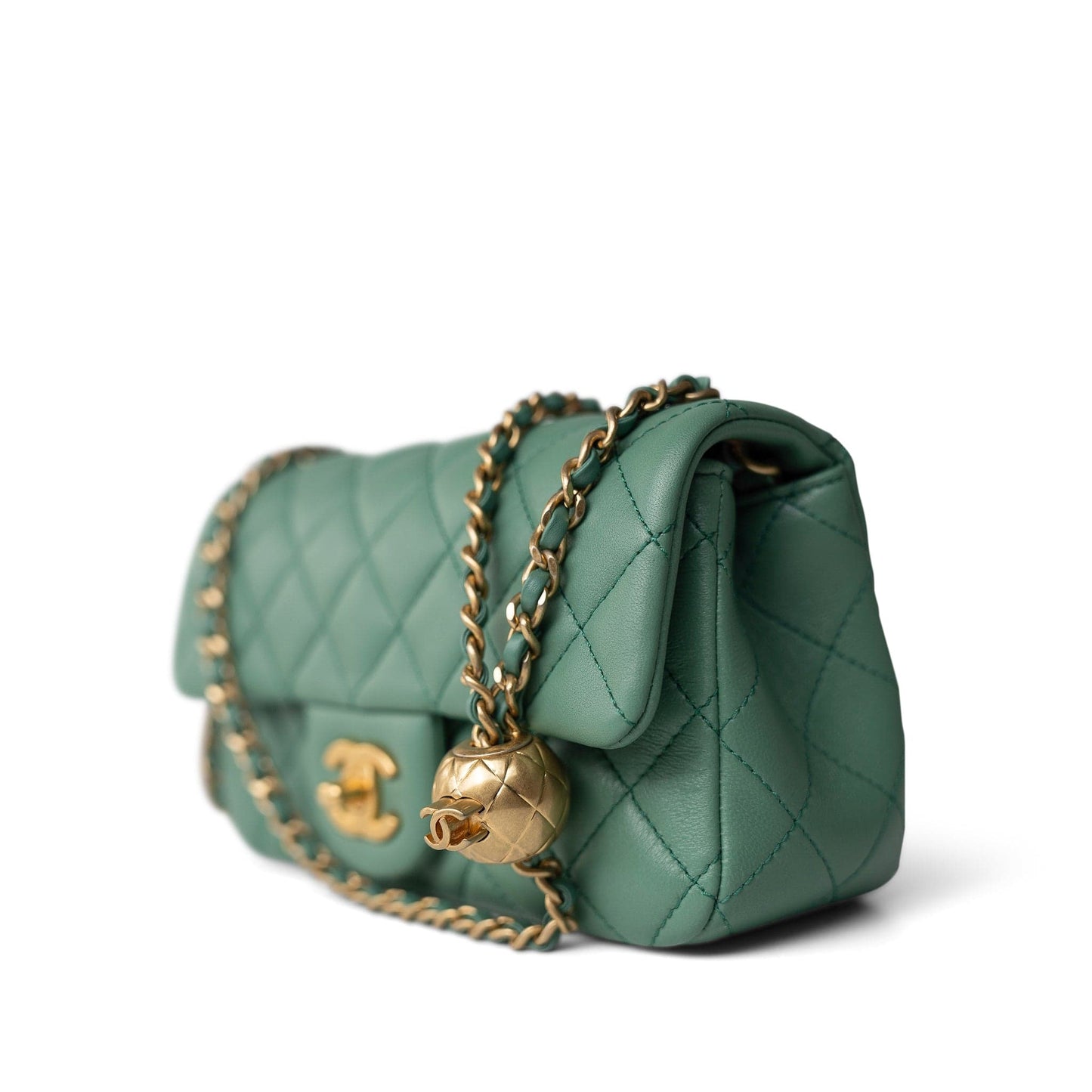 23C Green Lambskin Quilted Mini Pearl Crush Antique Gold Hardware