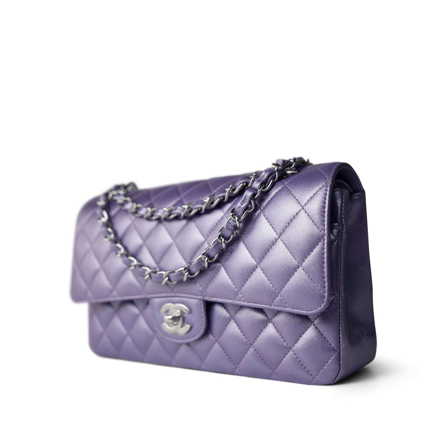 23P Metallic Purple Lambskin Quilted Classic Flap Medium Silver Hardware