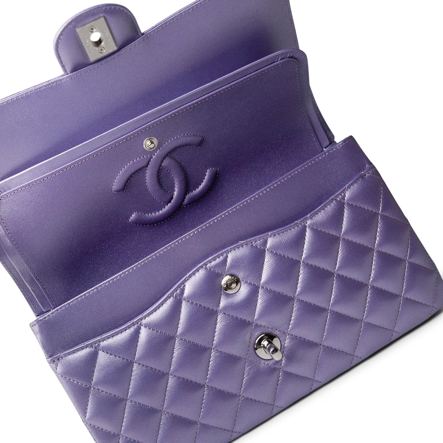 23P Metallic Purple Lambskin Quilted Classic Flap Medium Silver Hardware