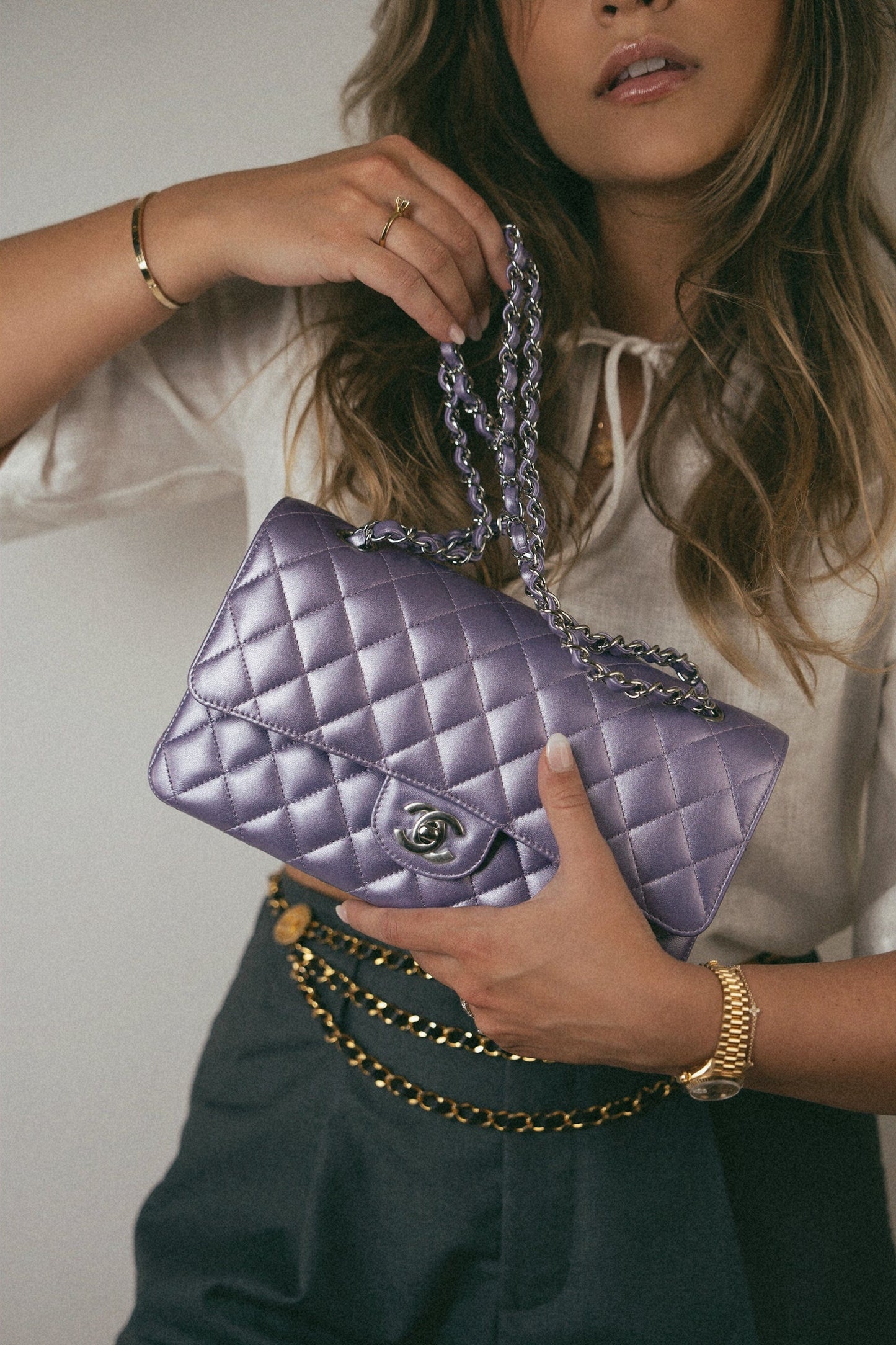 23P Metallic Purple Lambskin Quilted Classic Flap Medium Silver Hardware