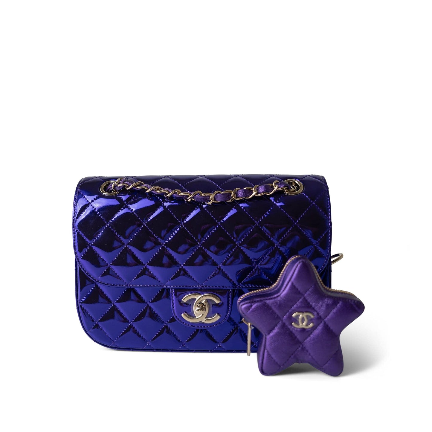 24C Shiny Purple Calfskin Quilted Flap Bag & Coin Purse