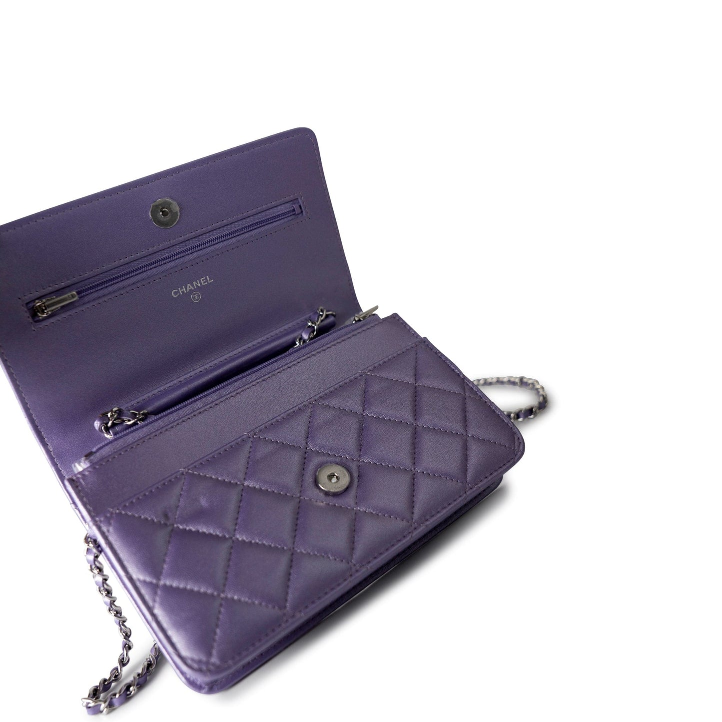 Purple Iridescent Lambskin Quilted Wallet on Chain / WOC Light Gold Hardware