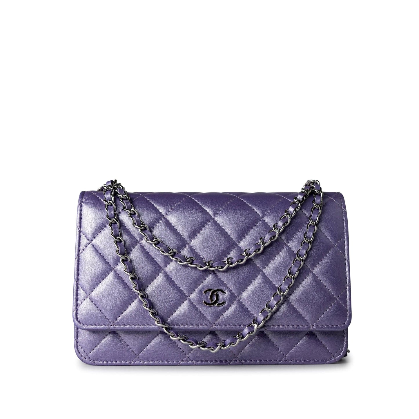 Purple Iridescent Lambskin Quilted Wallet on Chain / WOC Light Gold Hardware