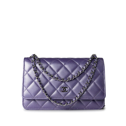 Purple Iridescent Lambskin Quilted Wallet on Chain / WOC Light Gold Hardware