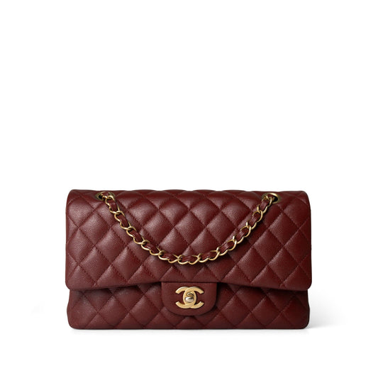 18C Dark Red Glittery Caviar Quilted Classic Flap Aged Gold Hardware