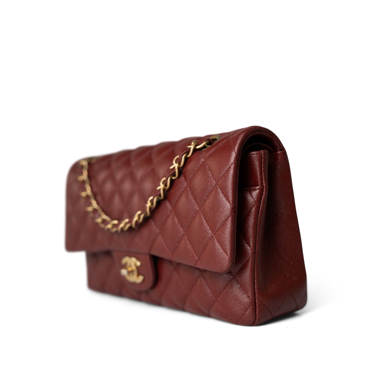 18C Dark Red Glittery Caviar Quilted Classic Flap Aged Gold Hardware
