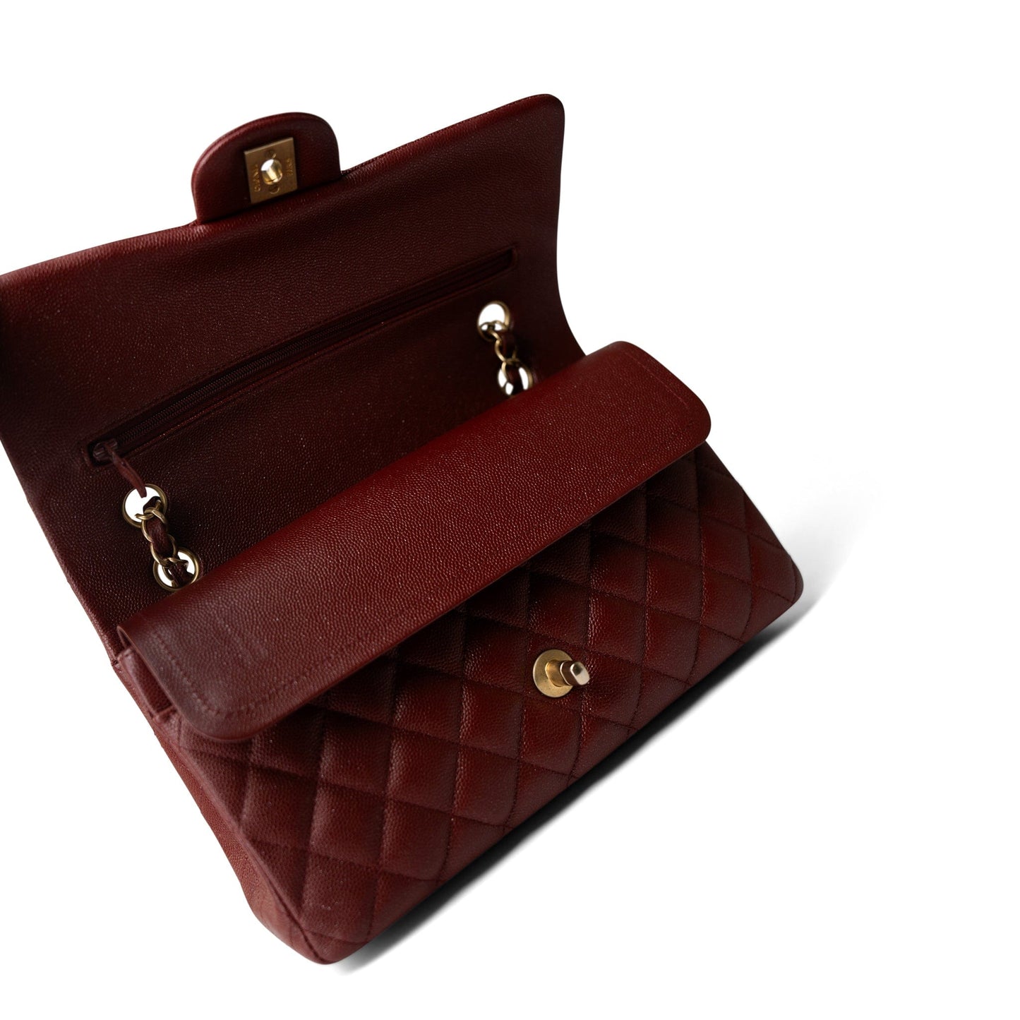 18C Dark Red Glittery Caviar Quilted Classic Flap Aged Gold Hardware