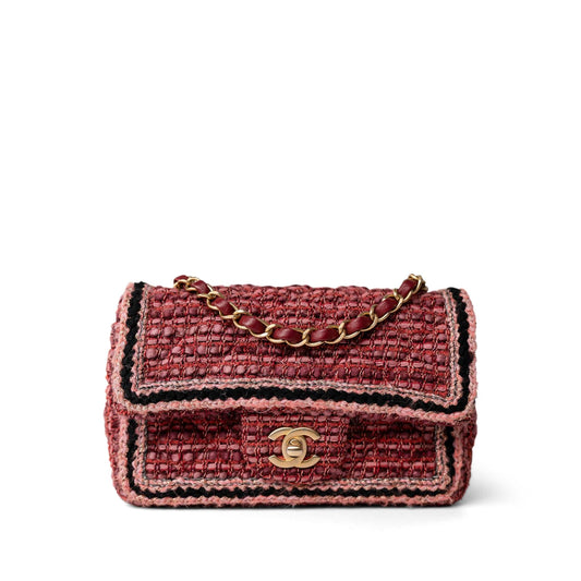 Braided Red / Multicolor Tweed Mini Rectangular Flap Aged Gold Hardware