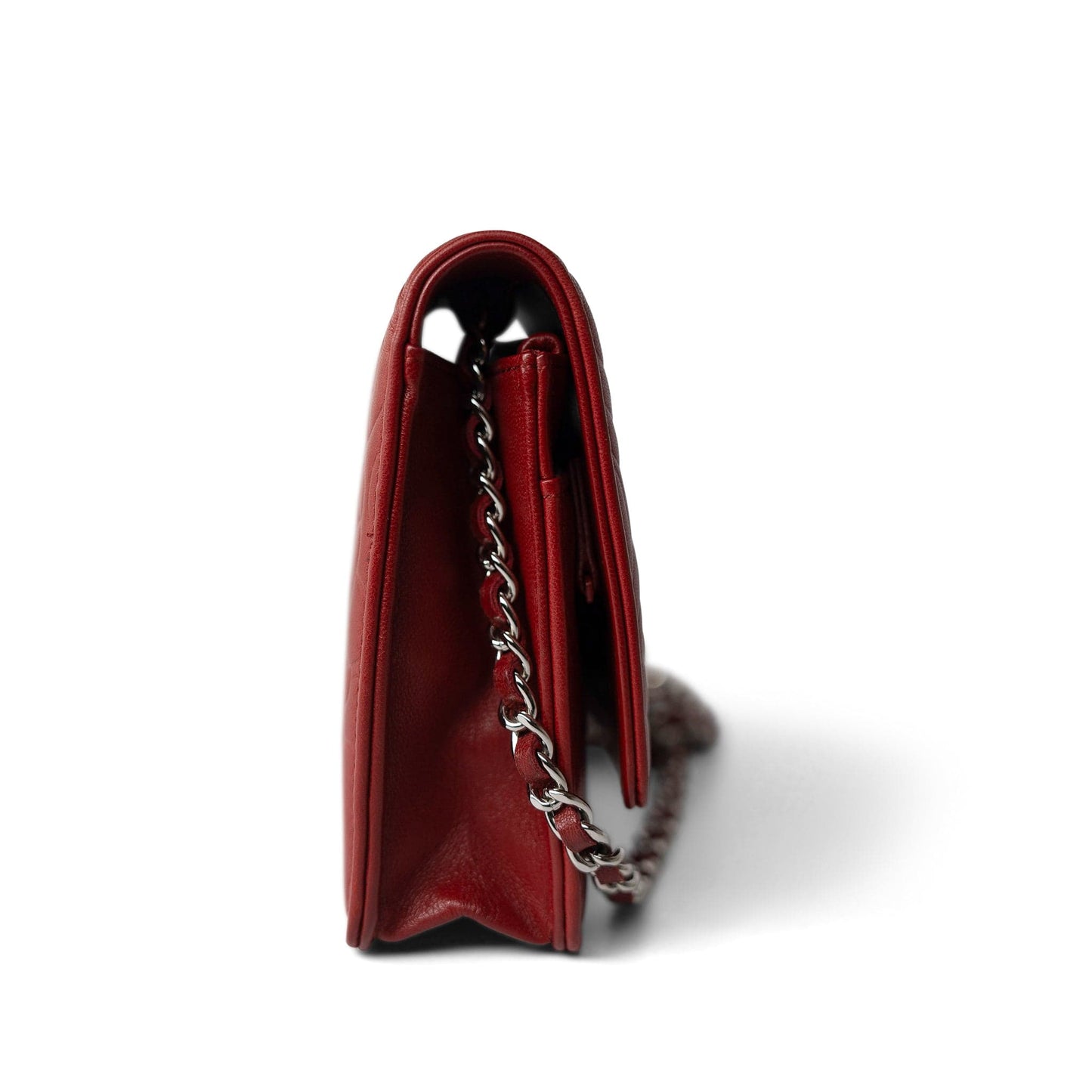 Dark Red Camellia Lambskin Wallet on Chain Silver Hardware