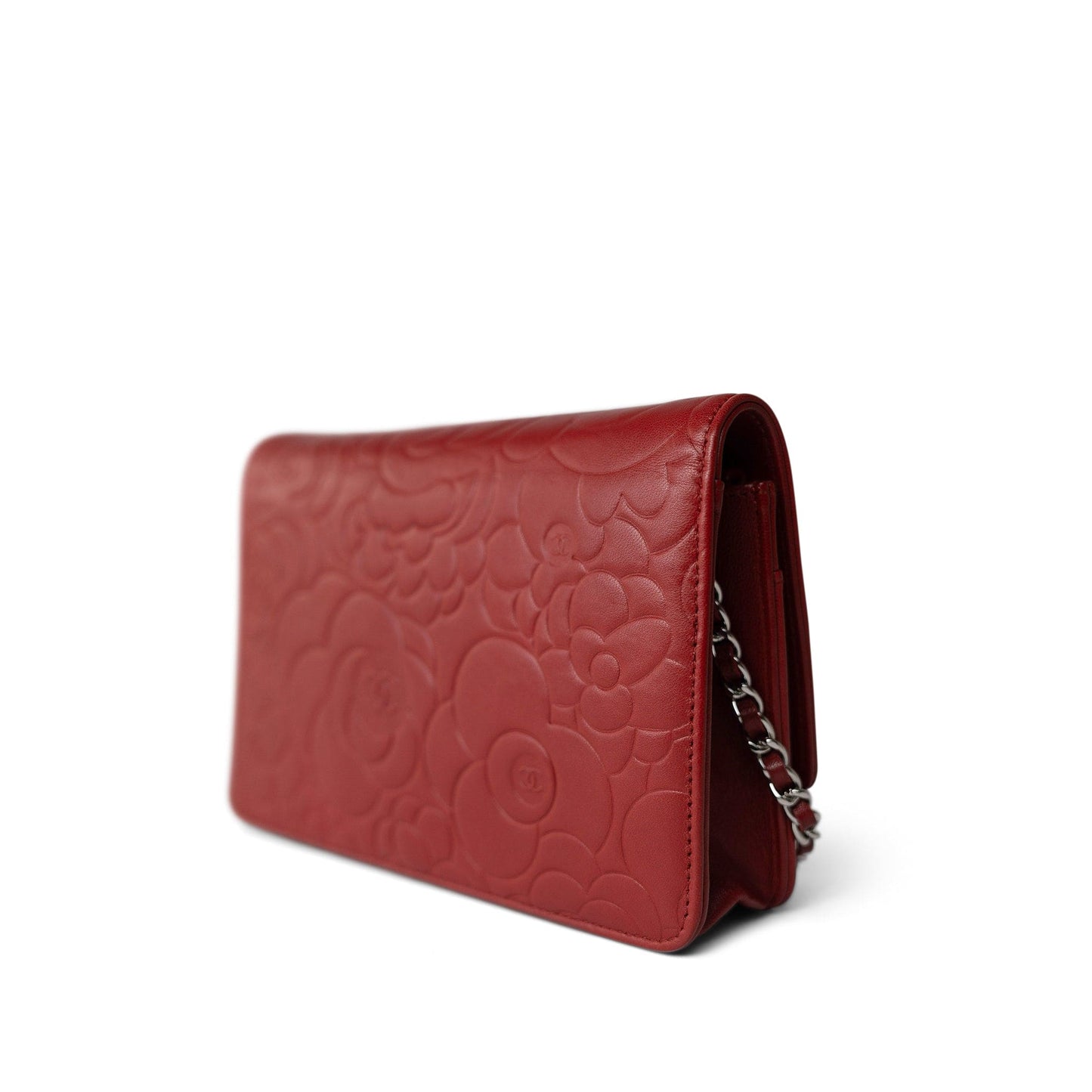 Dark Red Camellia Lambskin Wallet on Chain Silver Hardware