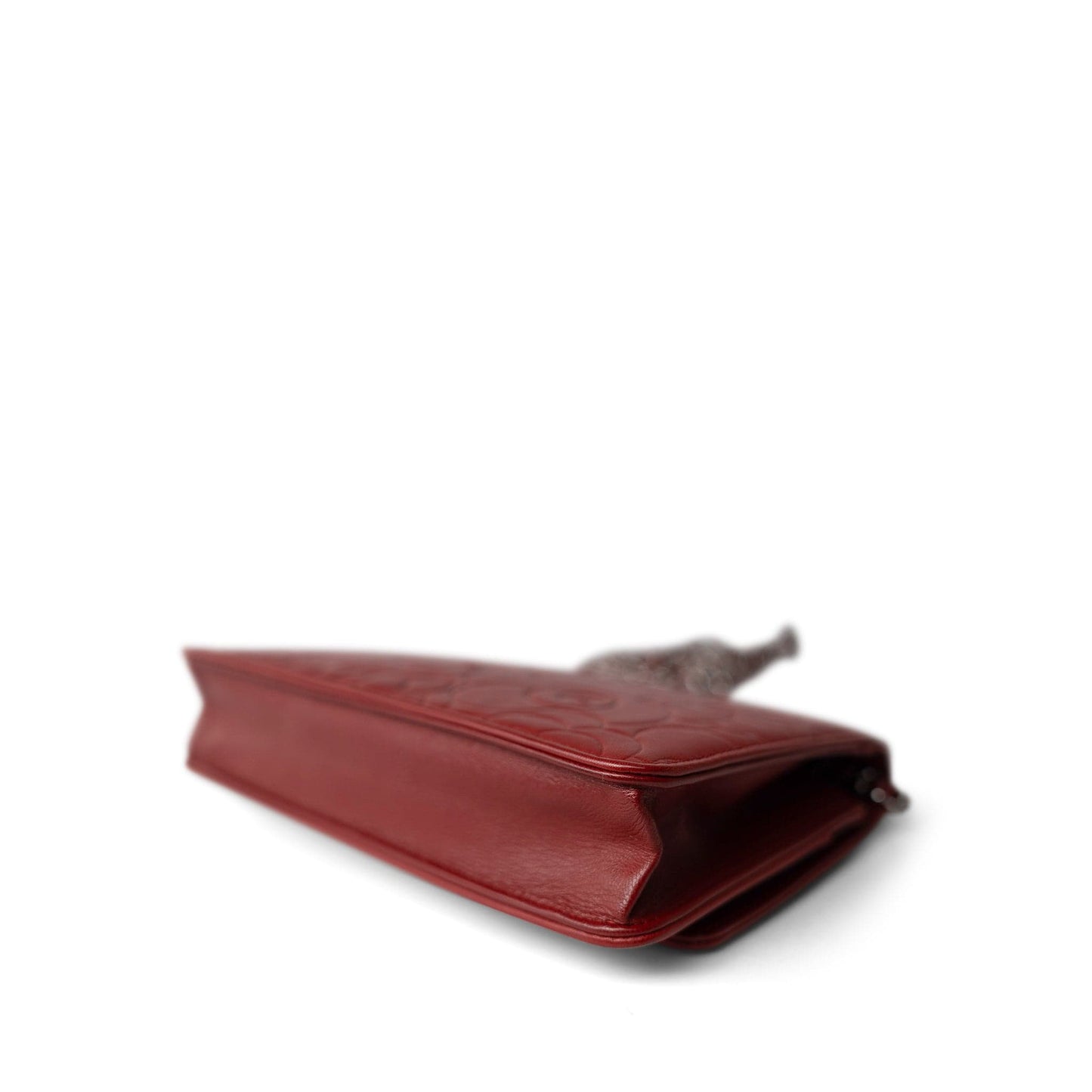 Dark Red Camellia Lambskin Wallet on Chain Silver Hardware