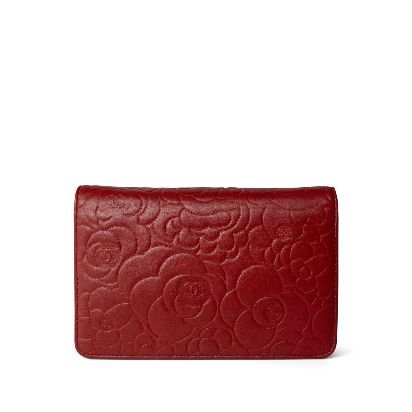 Dark Red Camellia Lambskin Wallet on Chain Silver Hardware