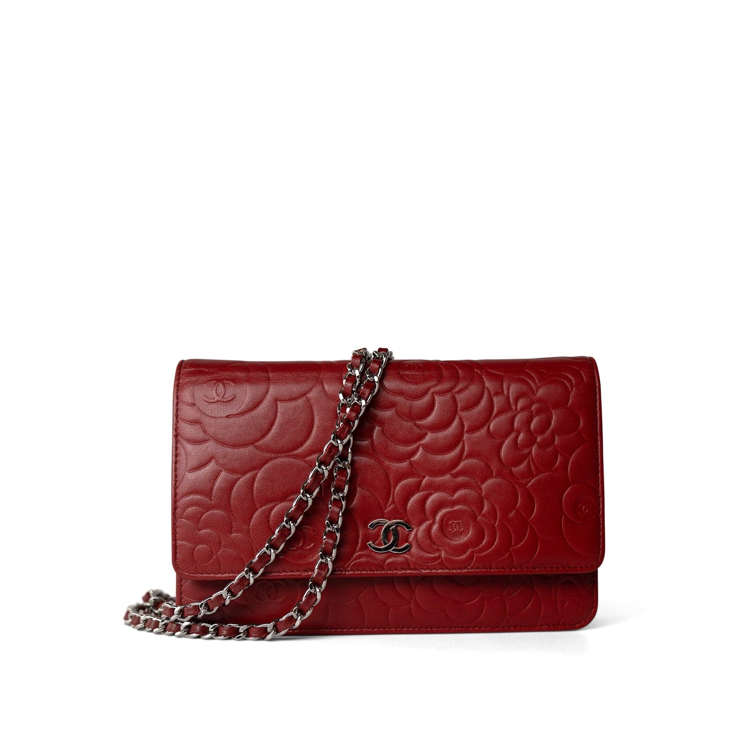 Dark Red Camellia Lambskin Wallet on Chain Silver Hardware