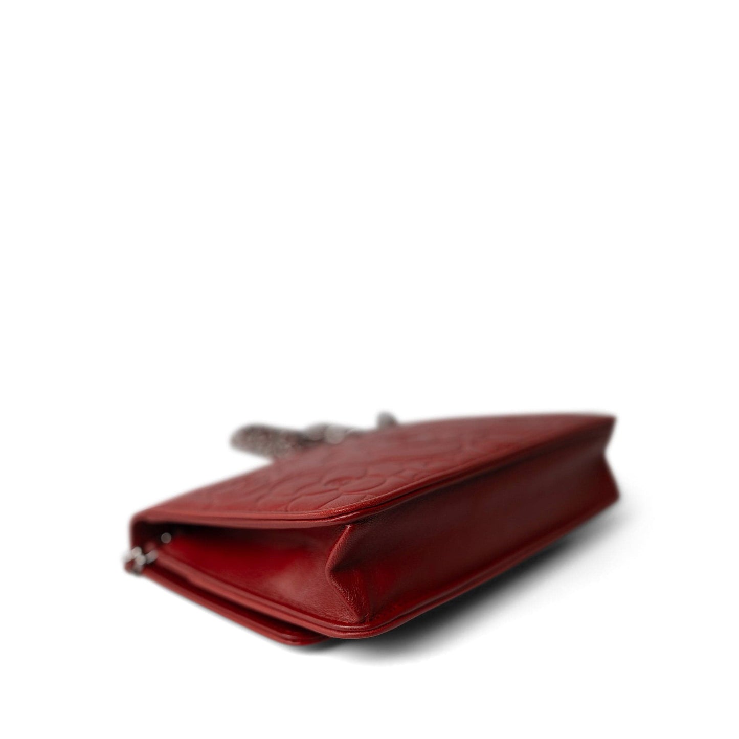 Dark Red Camellia Lambskin Wallet on Chain Silver Hardware