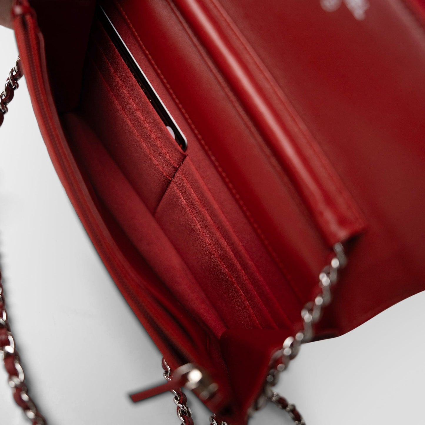 Dark Red Camellia Lambskin Wallet on Chain Silver Hardware