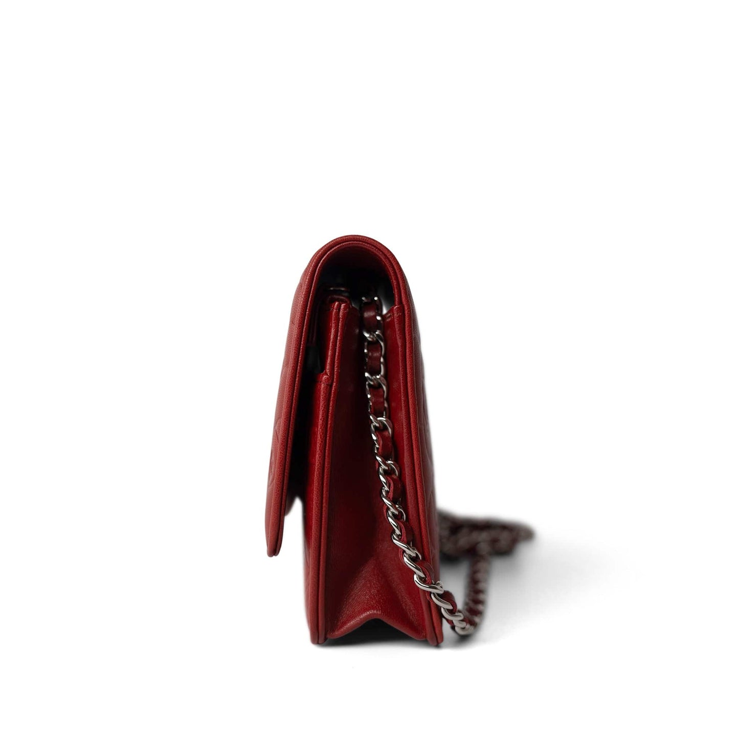 Dark Red Camellia Lambskin Wallet on Chain Silver Hardware