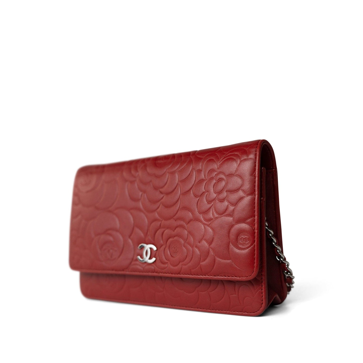 Dark Red Camellia Lambskin Wallet on Chain Silver Hardware