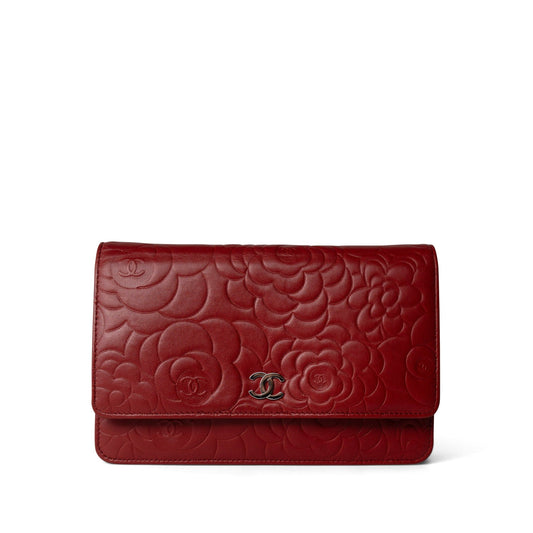 Dark Red Camellia Lambskin Wallet on Chain Silver Hardware