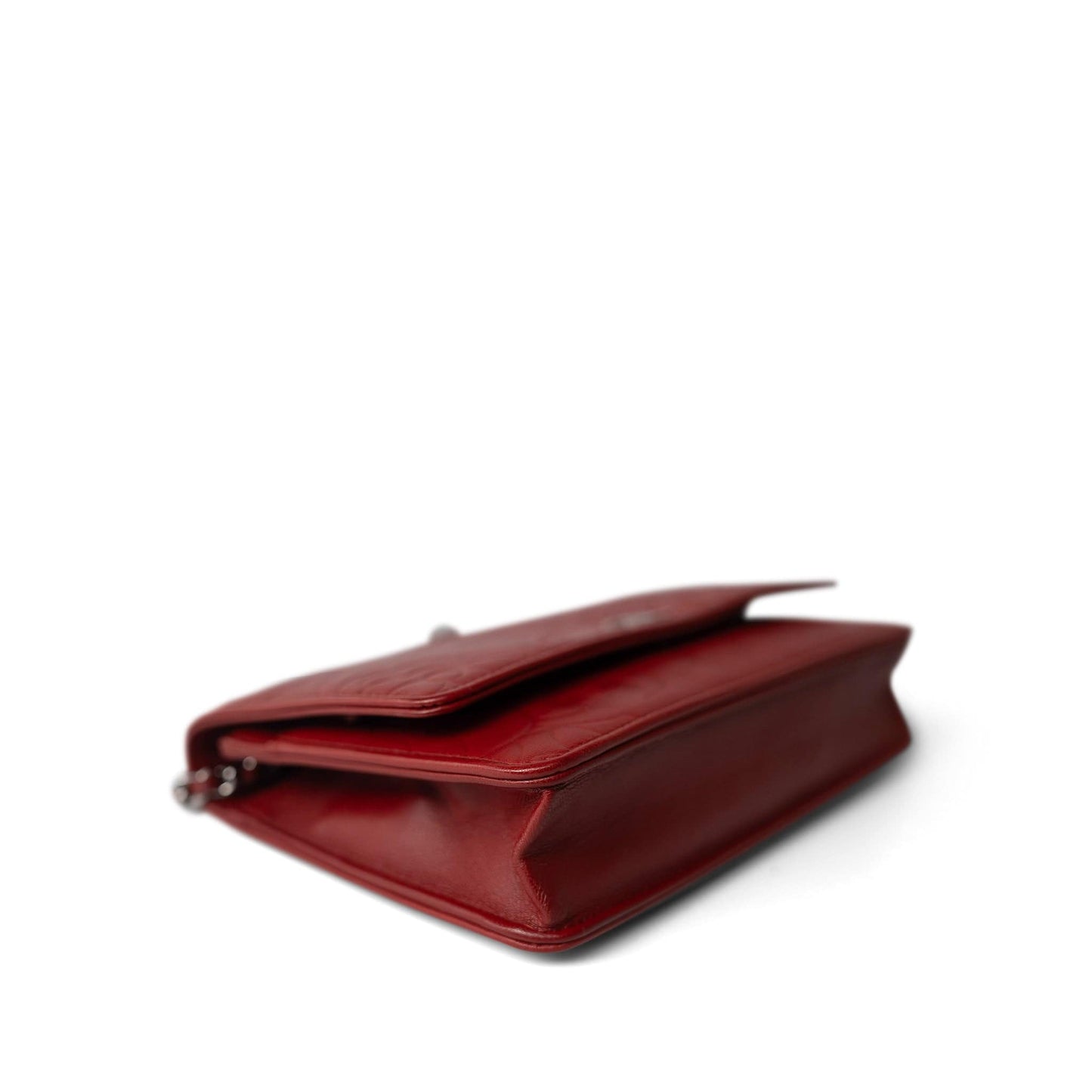 Dark Red Camellia Lambskin Wallet on Chain Silver Hardware