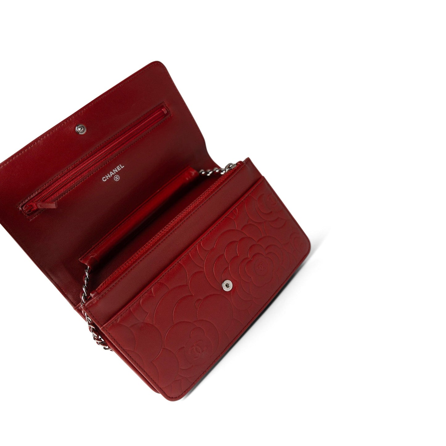 Dark Red Camellia Lambskin Wallet on Chain Silver Hardware