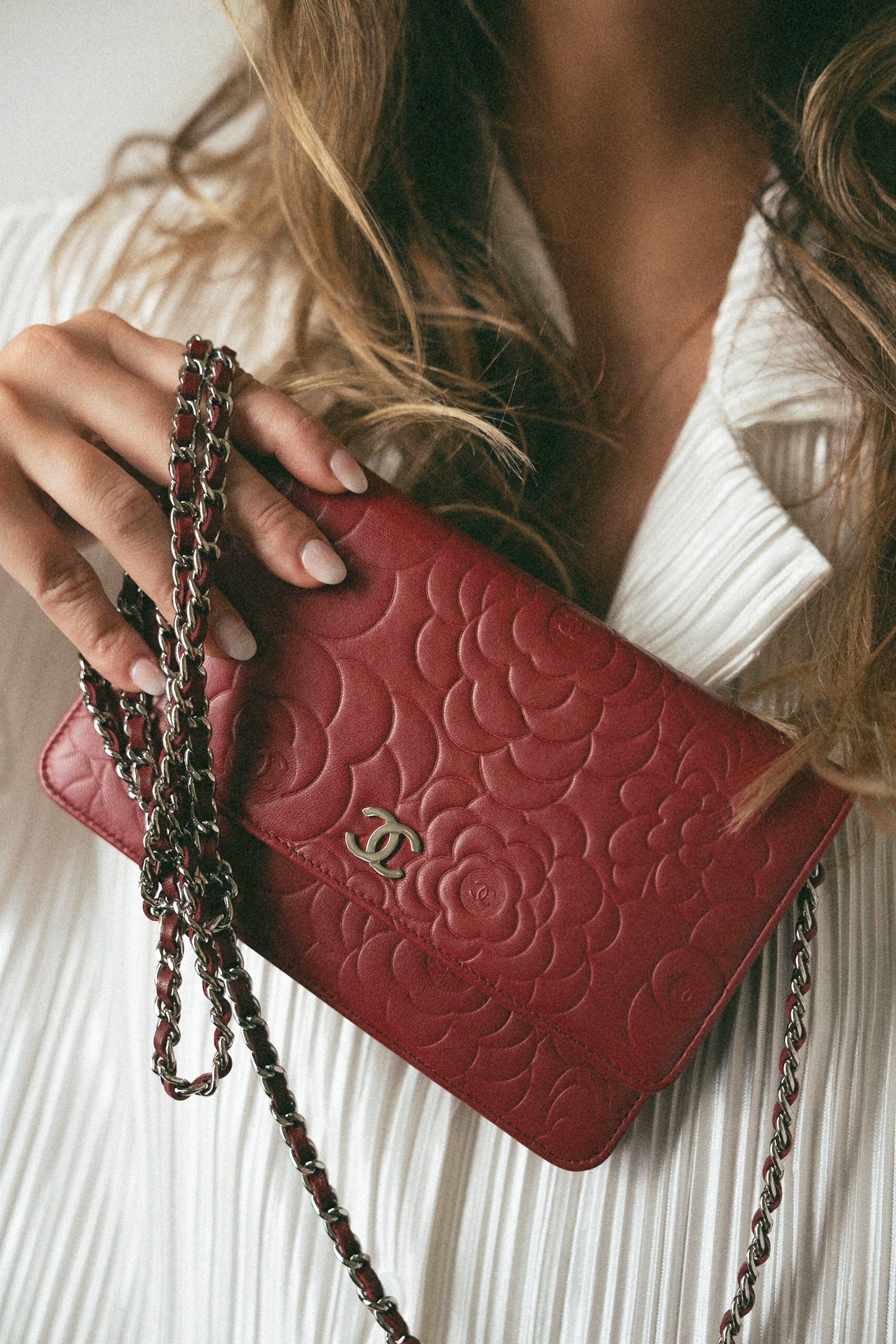 Dark Red Camellia Lambskin Wallet on Chain Silver Hardware