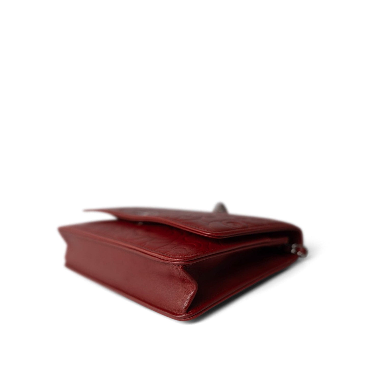 Dark Red Camellia Lambskin Wallet on Chain Silver Hardware