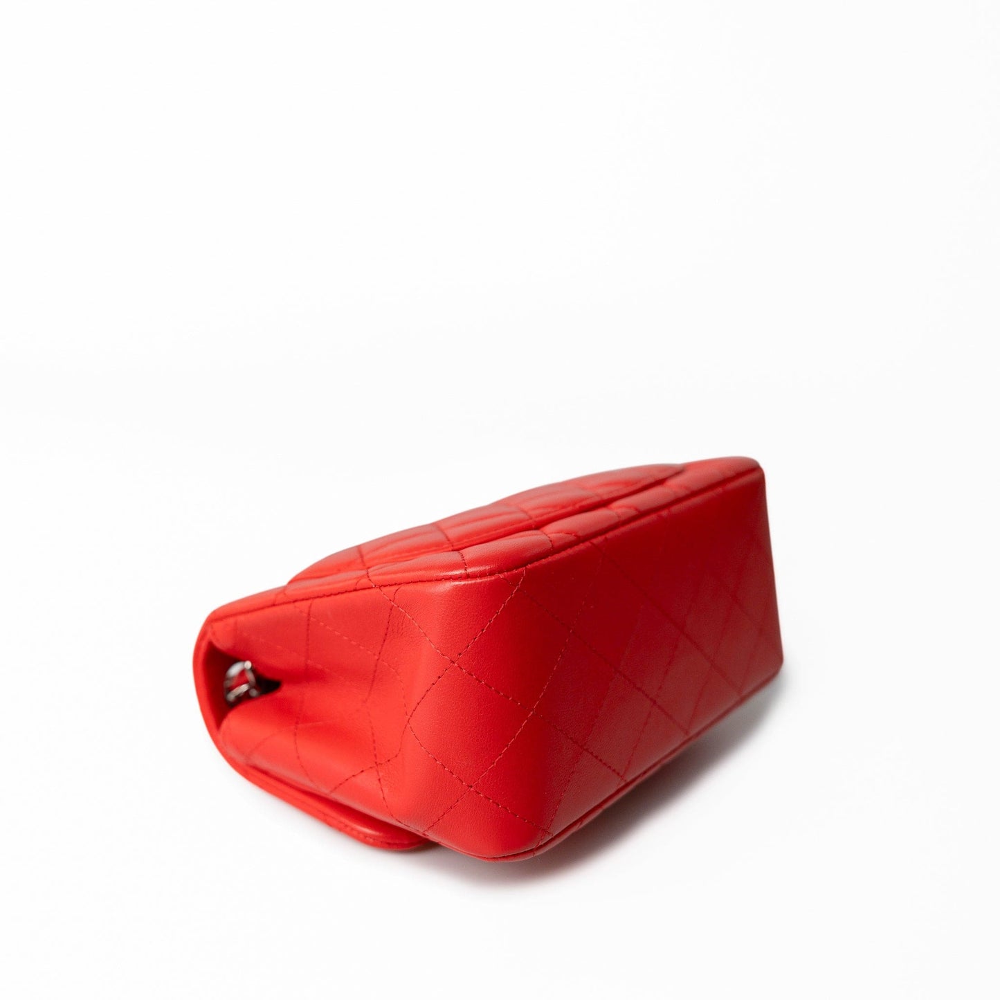 Red Lambskin Quilted Mini Square Flap Silver Hardware