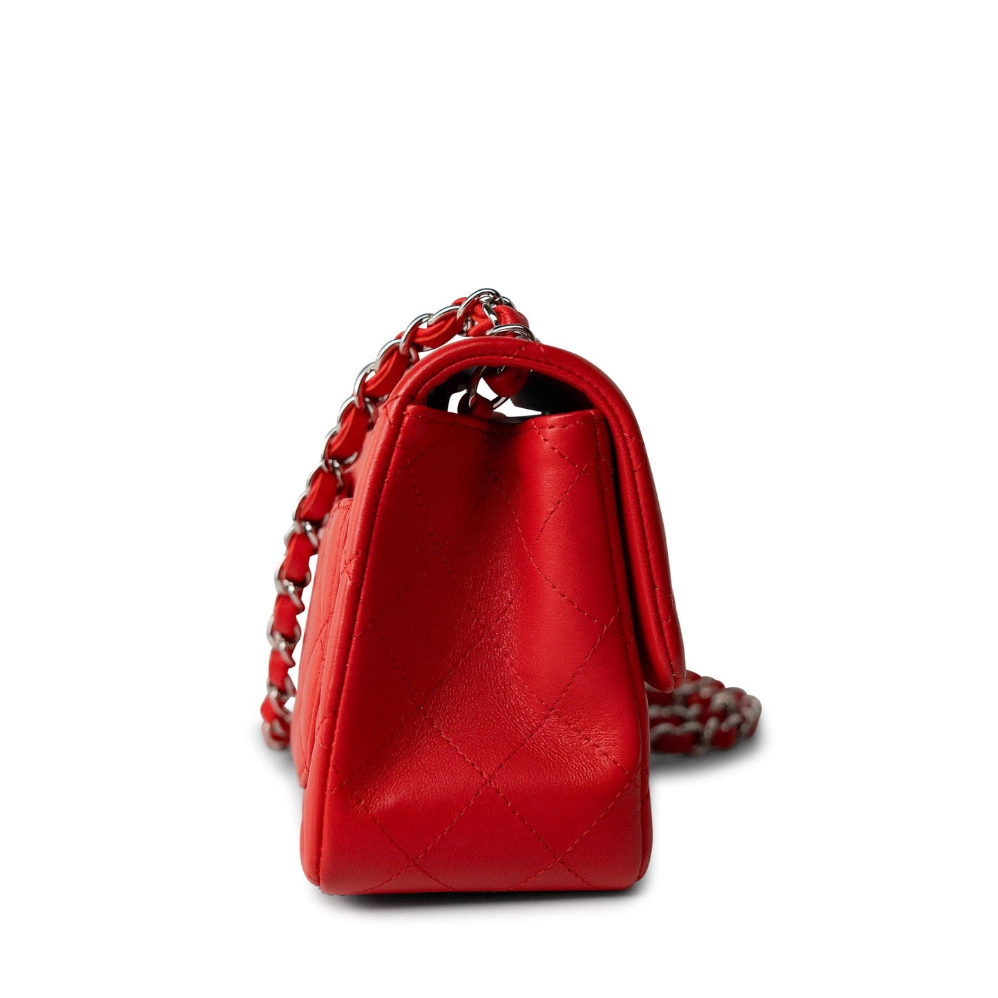 Red Lambskin Quilted Mini Square Flap Silver Hardware