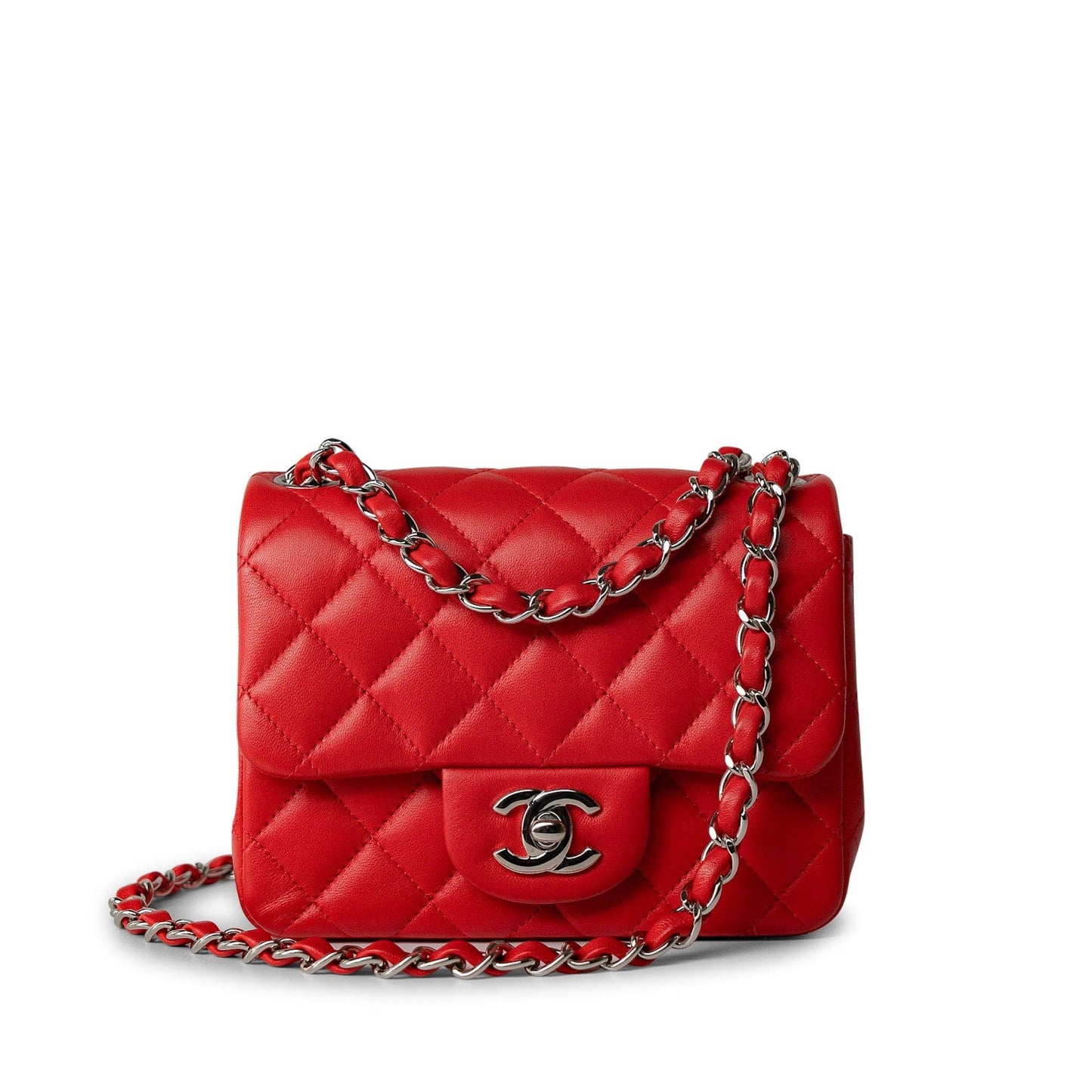 Red Lambskin Quilted Mini Square Flap Silver Hardware
