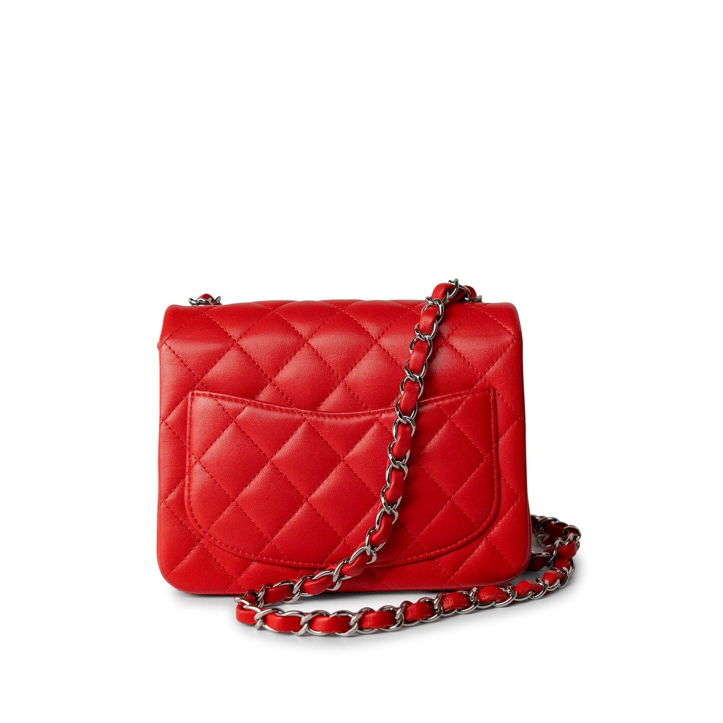 Red Lambskin Quilted Mini Square Flap Silver Hardware