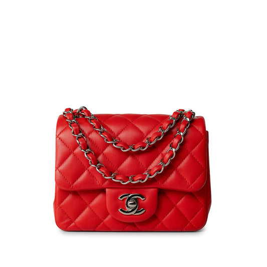 Red Lambskin Quilted Mini Square Flap Silver Hardware